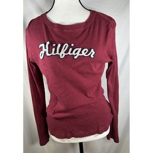 Tommy Hilfiger Shirt Women Medium Ribbed knit Long Sleeve Casual Maroon Spellout